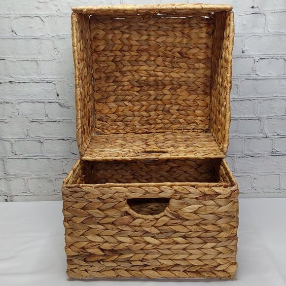 HAND WOVEN WATER~HYACINTH FOLDING STORAGE CUBE BASKETS 2-PIECE SET - Picture 2 of 16